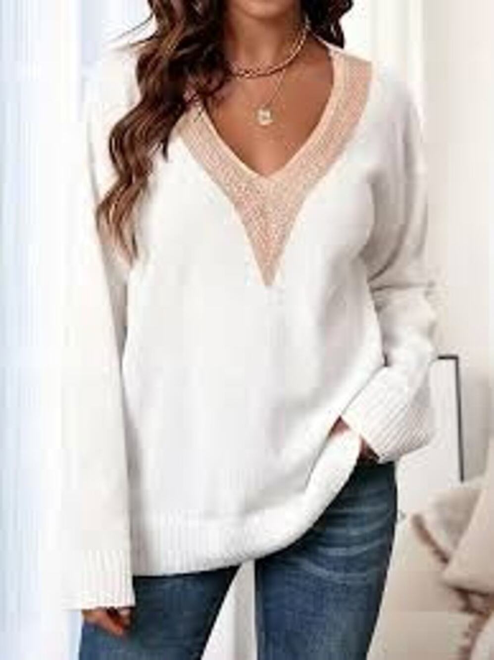 Womens Oversized V-Neck Ivory Sweater Pullover Crochet Knit Neckline Boho Cozy